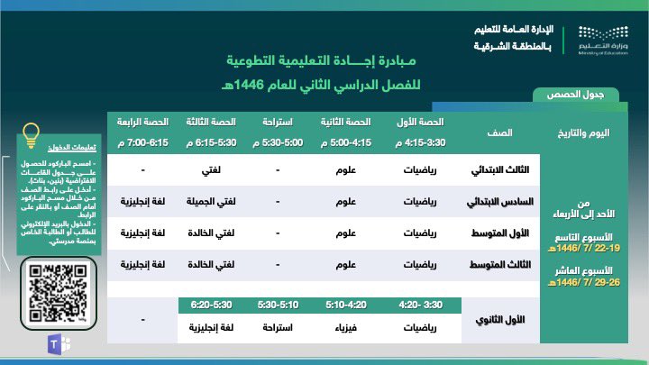 MOE_EPR's tweet photo. تعليم الشرقية، يدعو الطلاب والطالبات في جميع المراحل الدراسية للحضور والمشاركة في مبادرة "إجادة التعليمية التطوعية" للفصل الدراسي الثاني للعام 1446هـ، من خلال رمز الاستجابة السريع المرفق بالمنشور. https://t.co/oAtQax17fq