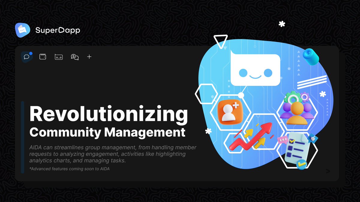 SuperDappAI's tweet image. No more stressing with boring and repetitive tasks while building your empire: AIDA does it for you. 🤖

Focus on what your community deserves and leverage your strengths to create real and meaningful connections at Web.SuperDapp.ai, where AI is your best ally. 🫂