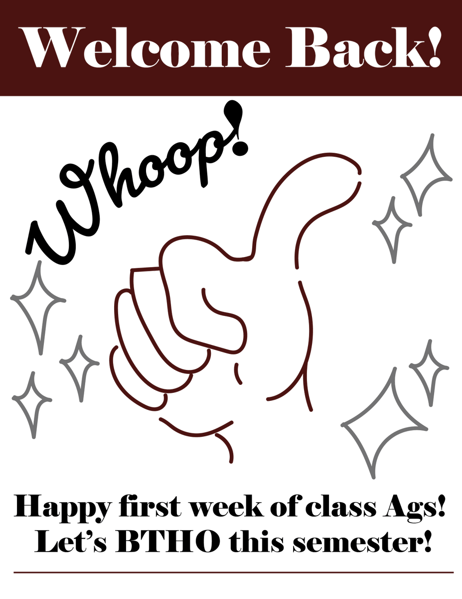TheEnglishAggie's tweet photo. Welcome back English Aggies! Let's make this semester a great one. ✨👍

#tamuenglish #tamu #englishmajors https://t.co/IPqR6A6iSb