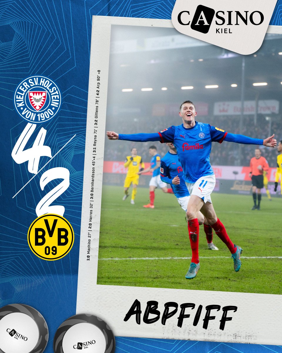 Holstein_Kiel's tweet photo. Unsere Nerven sind am Ende, aber: Wir schlagen den BVB mit 4:2 😱
_
#KSVBVB #KielAhoi
Werbung: Endstand präsentiert von Casino Kiel. https://t.co/Wsf3bu2Ja2