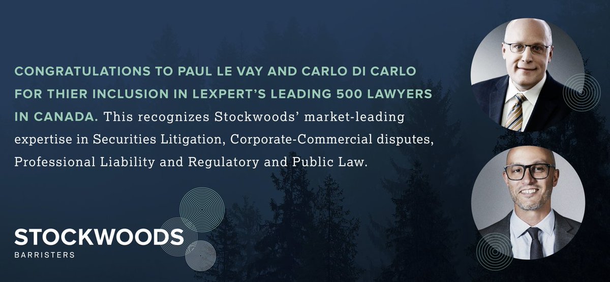 Congrats to our partners <a href="/plevay/">Paul Le Vay</a> and <a href="/carlo_dicarlo/">Carlo Di Carlo</a>
for once again being recognized in <a href="/Lexpert/">Lexpert</a>'s  Leading 500 Lawyers in Canada (the Lexpert® ALM 500)!  #smartlitigation
