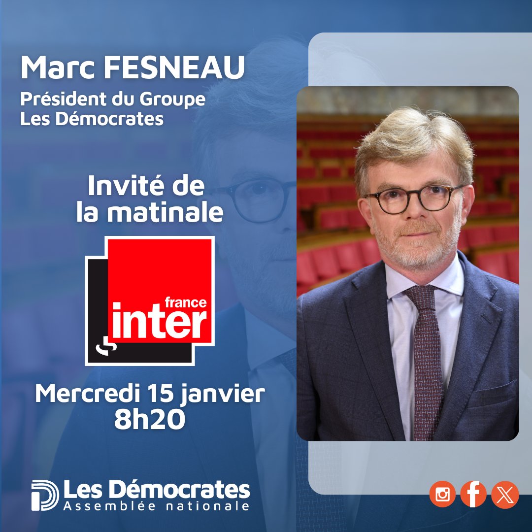 📺 Au lendemain de la Déclaration de politique générale du Premier ministre François <a href="/bayrou/">François Bayrou</a>, <a href="/MFesneau/">Marc Fesneau</a>, Président du groupe Les Démocrates, sera l'invité de <a href="/LeaSalame/">Léa Salamé</a> et <a href="/AliBaddou/">Ali Baddou</a> dans la matinale de <a href="/franceinter/">France Inter</a>.