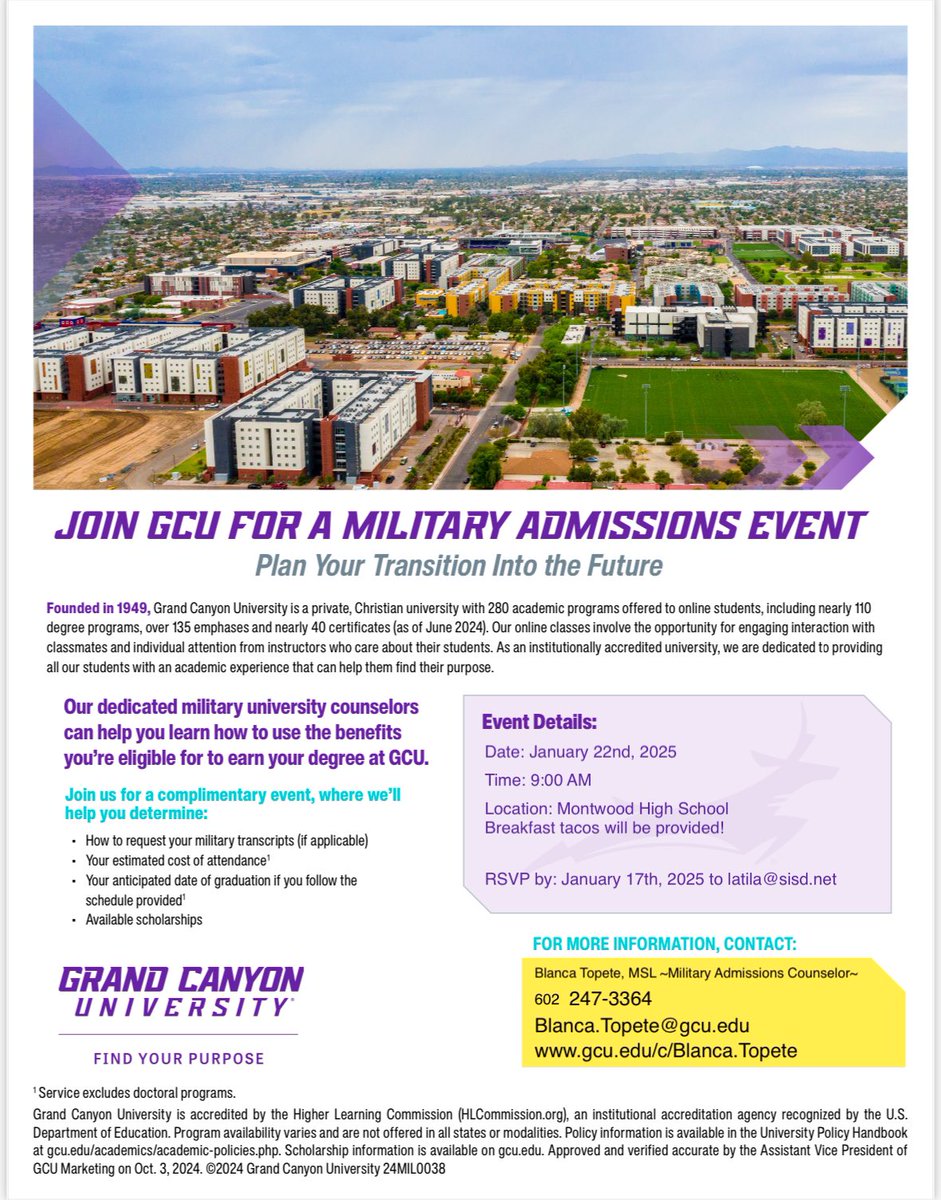 Military Connected Families join us on January 22 at 9 am for information about Grand Canyon University. Montwood High School Rm A226.