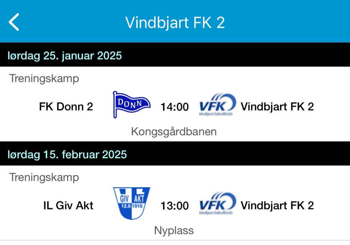 Etter tips fra <a href="/Bobba50/">Stian Bøe</a> ligger nå treningskampene til <a href="/vindbjartfk/">Vindbjart FK</a> 1 og 2 inne på <a href="/FutbologyApp/">Futbology</a>