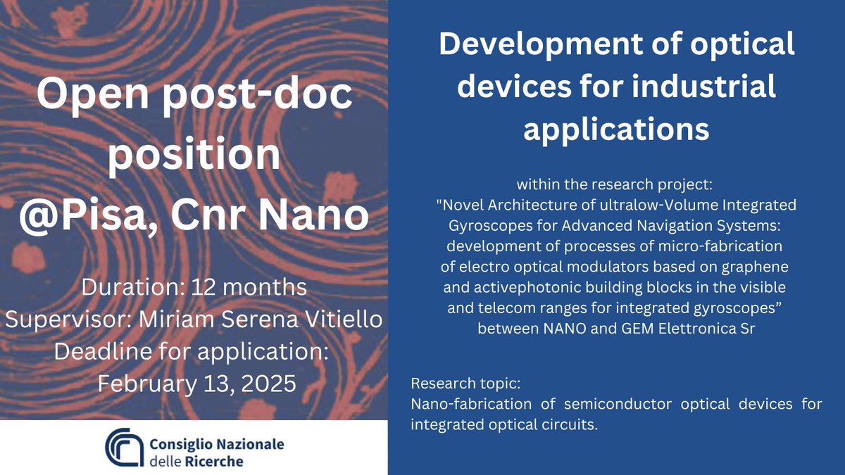📢#jobalert! Check out this  #PostDoc position at
<a href="/Cnr_Nano/">CNR Istituto Nanoscienze</a> in #Pisa:
📌Topic: Semiconductor optical devices for industrial applications
⌛️ Deadline: February 13
ℹ️ Details: nano.cnr.it/job-openings/b…
#sciencejobs #hiring #optics <a href="/CNRsocial_/">CNR Consiglio Nazionale delle Ricerche</a>