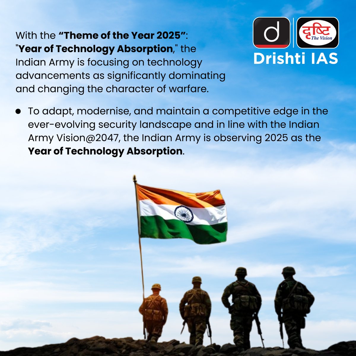 drishtiiaseng's tweet photo. Saluting the strength of innovation. Army Day 2025: Future-Ready with #Technology
#IndianArmyDay #ArmyDay #TechnologyAbsorption #IndianArmy #Indian #Army #India #Discover #MilitaryLife #Salute #Military #Soldiers #Proud #ArmyLife #NDA #WorldWar #DrishtiIAS #DrishtiIASEnglish https://t.co/jT8X3pgTmP