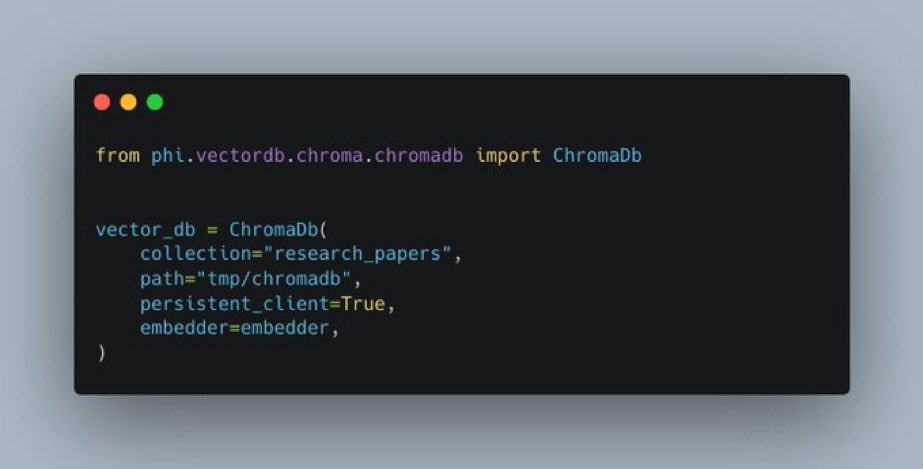 PhiNLP's tweet photo. Step 2: set up the @trychroma vector database to store and query the embeddings. Chroma offers fast and scalable vector search capabilities, ideal for large-scale retrieval tasks. https://t.co/y4KvV34bLs