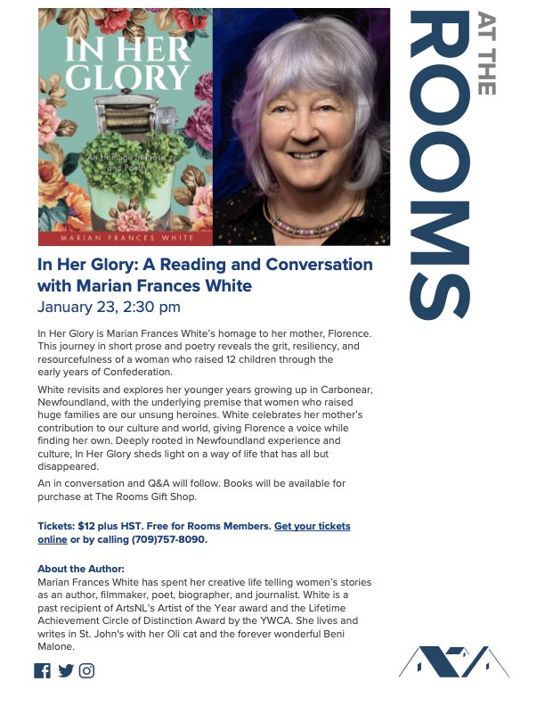 Join Marian Frances White for her book talk on Thurs, Jan 23 at 2:30pm at ⁦<a href="/TheRooms_NL/">The Rooms</a>⁩. Stories of her relationship with her mother and their lives in post Confederation NL.