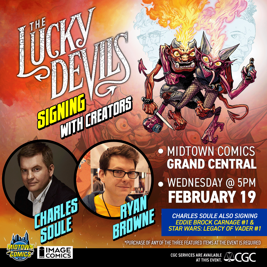 MidtownComics's tweet photo. The basic INFO:
๐WHO: Charles Soule + Ryan Browne
๐WHERE: Midtown Comics GRAND CENTRAL
๐WHEN: WED FEB 19 @ 5 pm
๐WHAT: Signing for The Lucky Devil
#nyc #grandcentral @charlessoule #ryanbrowne #comicbookshop #comicbooksigning #comicartist #nycsigning #imagecomics https://t.co/sJgHlHSzlI