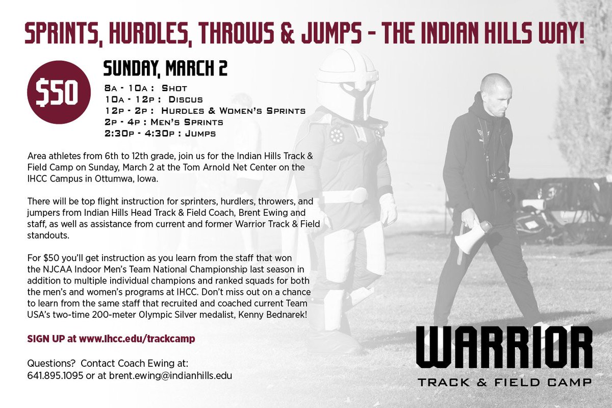 WINTER CAMP PART 2️⃣

Our second Indian Hills Track &amp; Field winter camp will take place Sunday, March 2.

▪️Grades 6-12
▪️Sprints, jumps, hurdles, throws
▪️Cost = $50

For info &amp; to register, click here: ihcc.edu/trackcamp