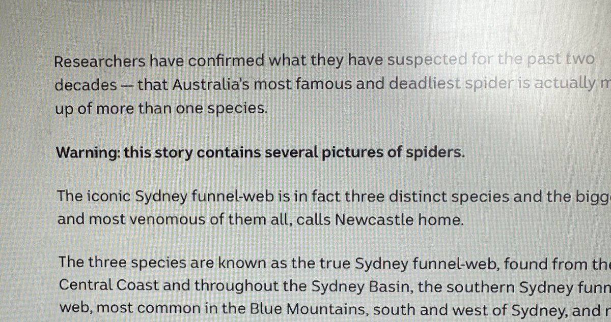 Really <a href="/abcnews/">ABC News</a>? 

What led to your organisation to think a warning is required for spider pictures in a story about spiders?