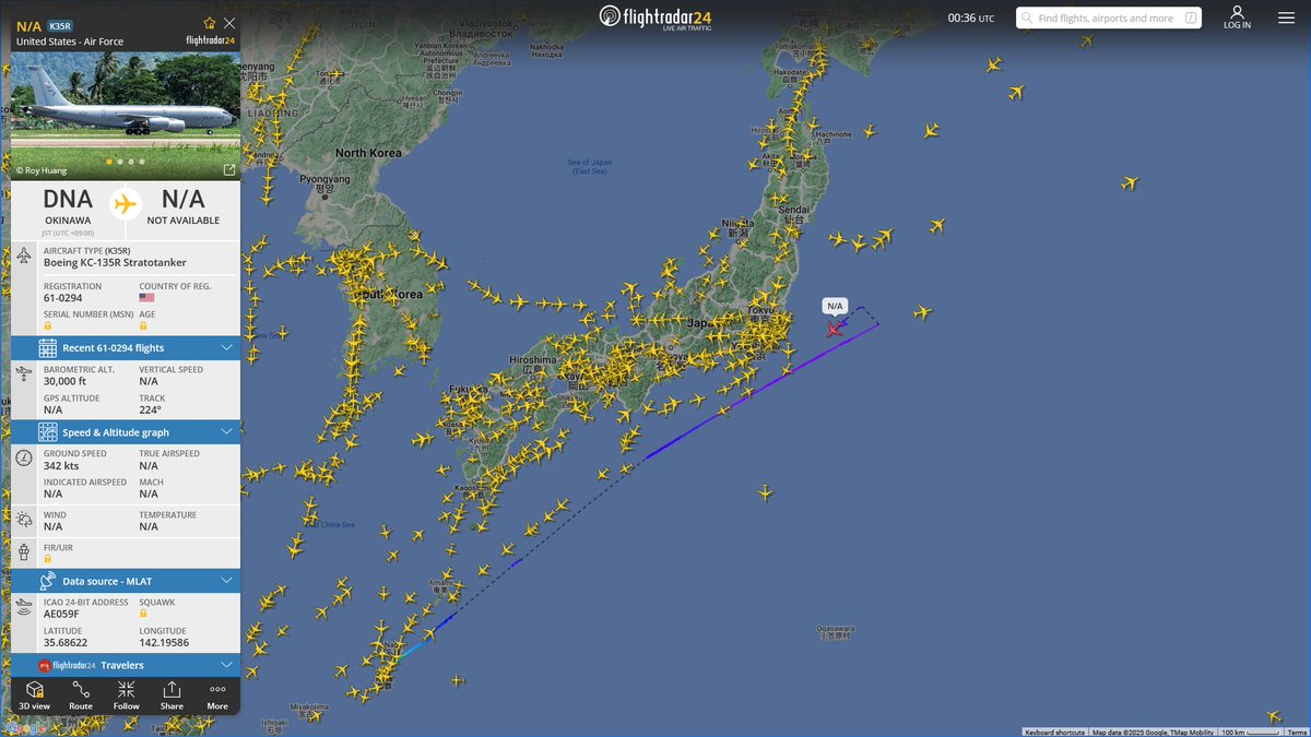 AIYeyENGDdJkjTr's tweet photo. Jan. 15, 2025
#Okinawa Kadena Air Base ==> #East sea of Japan

#NoCALLSIGN #AE059F USAF KC-135R Stratotanker
#NoCALLSIGN #AE047E USAF KC-135R Stratotanker https://t.co/VpF1TFPzG5