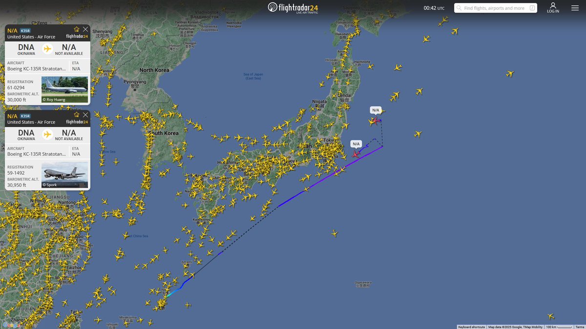 AIYeyENGDdJkjTr's tweet photo. Jan. 15, 2025
#Okinawa Kadena Air Base ==> #East sea of Japan

#NoCALLSIGN #AE059F USAF KC-135R Stratotanker
#NoCALLSIGN #AE047E USAF KC-135R Stratotanker https://t.co/VpF1TFPzG5