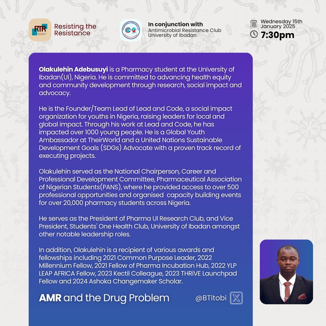 It's TODAY.
Understanding how drugs cause AMR.  Speaking: Olakulehin Adebusuyi.   President, Pharma UI Research Club.  Vice President, Students' One health Club, UI .  LIVE HERE
<a href="/olakulehinade/">Olakulehin Adebusuyi</a> 
<a href="/amrclub_ui/">AMR CLUB UI</a>
<a href="/Abaah_01/">ABDULBASIT HAMZA</a>
<a href="/ResResistance/">The Foundation to Prevent Antibiotic Resistance</a>
<a href="/beat_the_bugs/">Students Against Superbugs Africa</a> <a href="/drasatrust/">DRASA (Dr. Ameyo Stella Adadevoh) Health Trust</a>