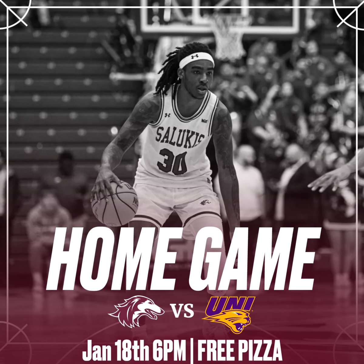 SIU_DawgPound's tweet photo. 𝑮𝑰𝑽𝑬𝑨𝑾𝑨𝒀

This Saturday, January 18th, Men's Basketball will be playing Northern Iowa at 6pm! Head on over to the student section for some basketball, pizza and a giveaway at halftime! 

#Salukis | #PackThePound https://t.co/sA5uvlaJ9k