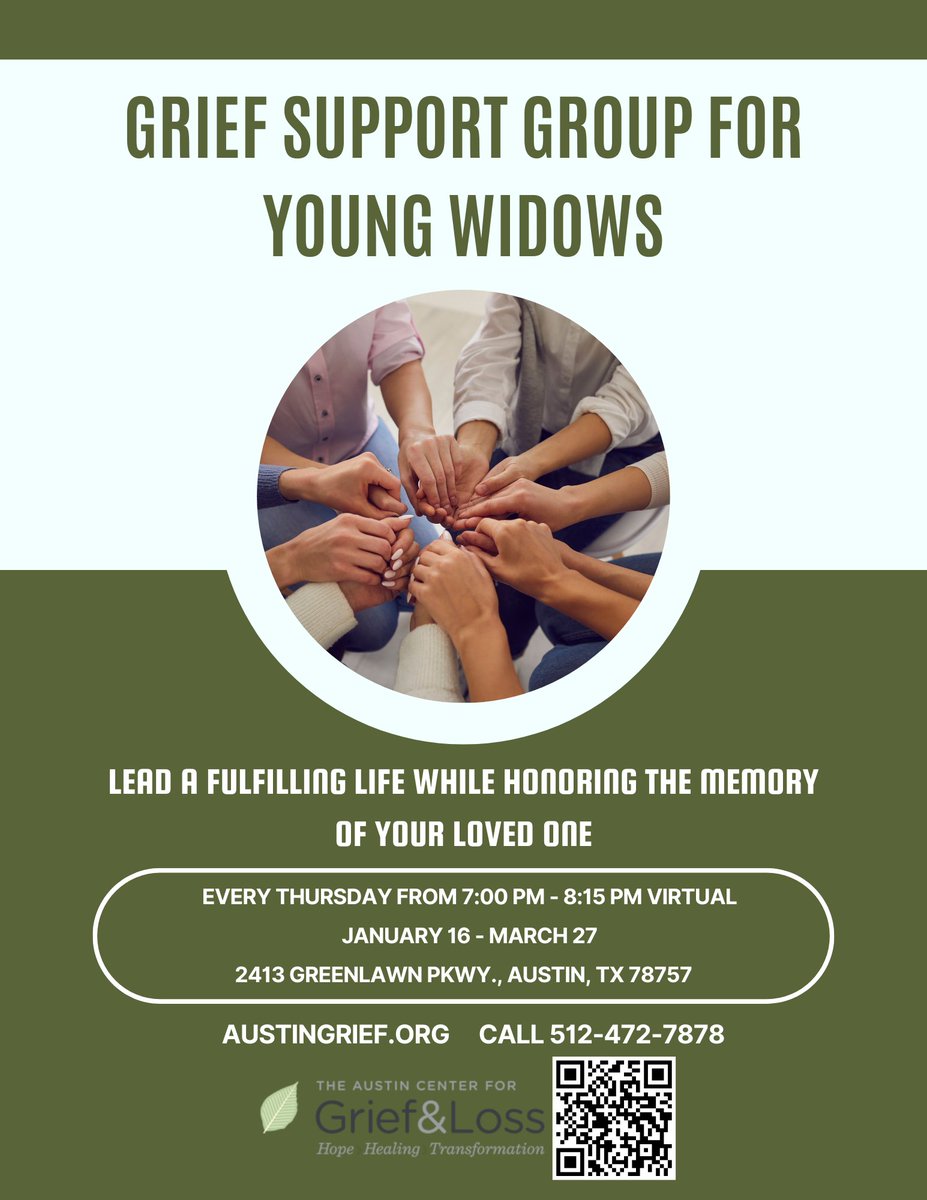 ACGL is hosting another round of the Support Group for Young Widows group. This group has a 10 week commitment and will meet virtually from 7-8:15 PM Thursdays from Jan 16 - March 27. Call 512-472-7878 today!

 #Widowsupport #MentalHealthSupport #MentalHealthMatters