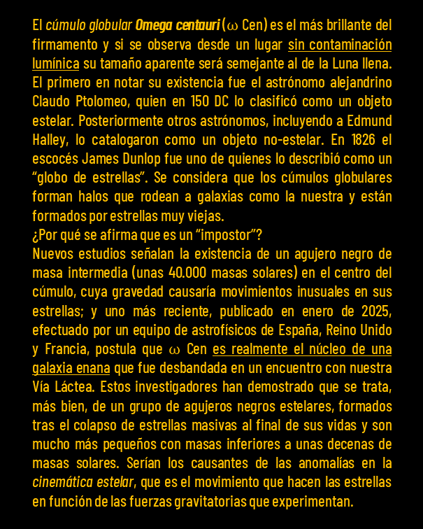 planethumboldt's tweet photo. Omega centauri: ¿un impostor?

El cúmulo globular Omega centauri (NGC5139) es, quizá, el más espectacular de todos lo que podemos ver en el firmamento.
Recientes estudios señalan que posiblemente sea el núcleo de una galaxia enana. https://t.co/TTMb68Bpx3