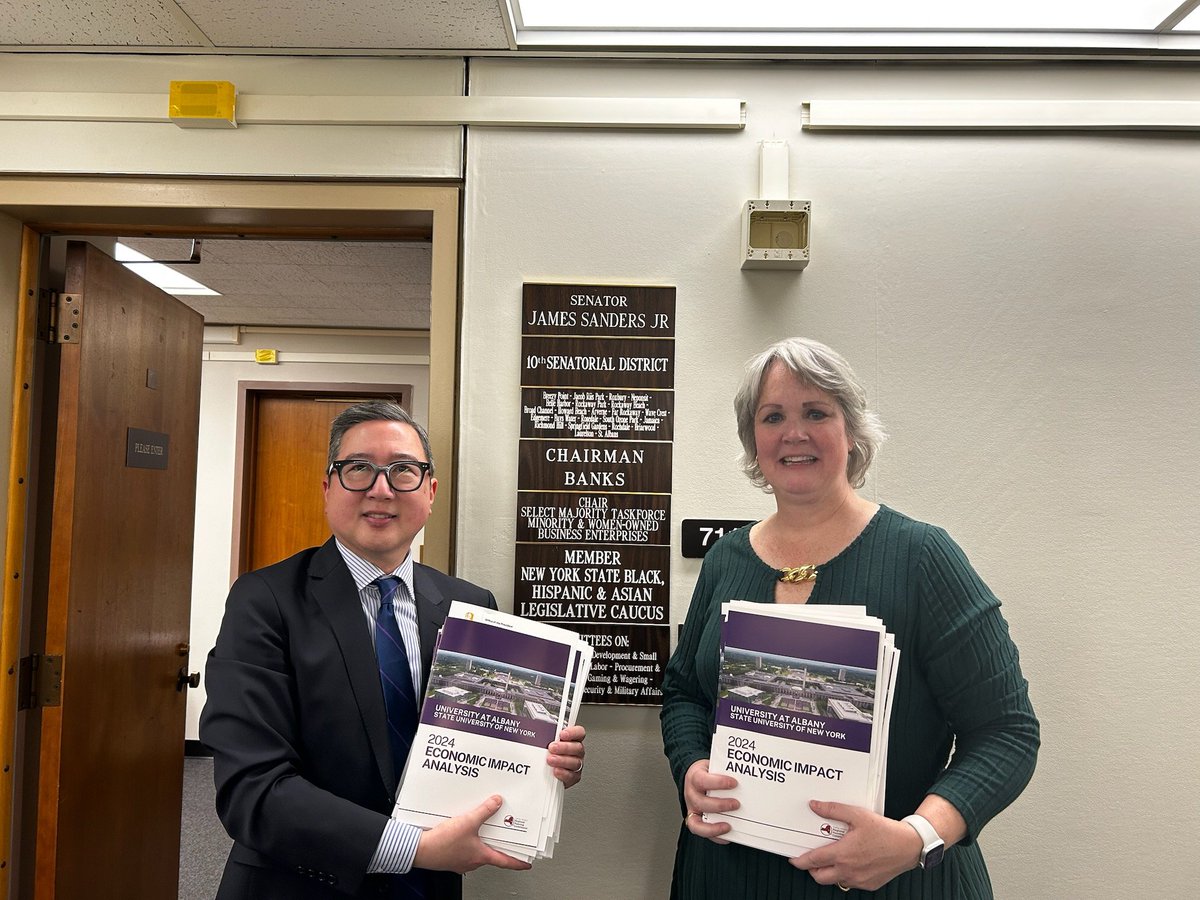President Rodríguez and the UAlbany Government Relations team dropped by the Capital today to chat with members and deliver copies of UAlbany's $1.1 Billion Economic Impact Report.

A big thanks to Senator Stavisky for taking the time for a photo prior to the State of the State!