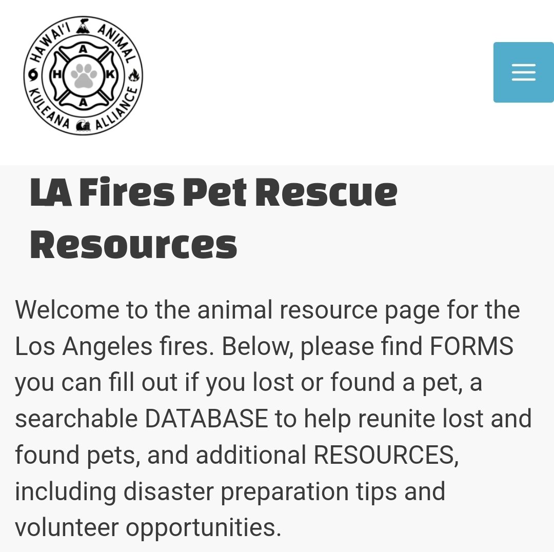 #PalisadesFire #EatonFire
Centralized database for  lost/found #animals from the #LAFires.

▪︎ FORMS to fill out if you lost / found a pet
▪︎ Searchable DATABASE to help reunite lost &amp; found pets 
▪︎ Volunteer opportunities

bit.ly/LAfirePetResou…

Created by <a href="/808HAKA/">Hawaii Animal Kuleana Alliance (HAKA)</a>
