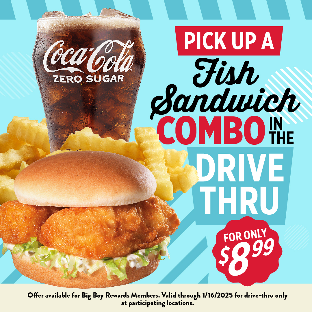 FrischsBigBoy's tweet photo. This week only! Reel in our $8.99 Fish Sandwich deal before it swims away! 
*Offer only available for Big Boy Rewards Members. Fish Sandwich combo available for drive-thru only. Fish Sandwich &amp; Salad Bar available for dine-in only. Valid only at participating locations. https://t.co/NVs32WMJf4