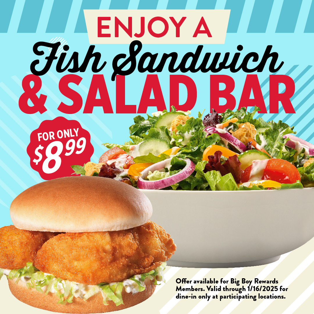 FrischsBigBoy's tweet photo. This week only! Reel in our $8.99 Fish Sandwich deal before it swims away! 
*Offer only available for Big Boy Rewards Members. Fish Sandwich combo available for drive-thru only. Fish Sandwich &amp; Salad Bar available for dine-in only. Valid only at participating locations. https://t.co/NVs32WMJf4