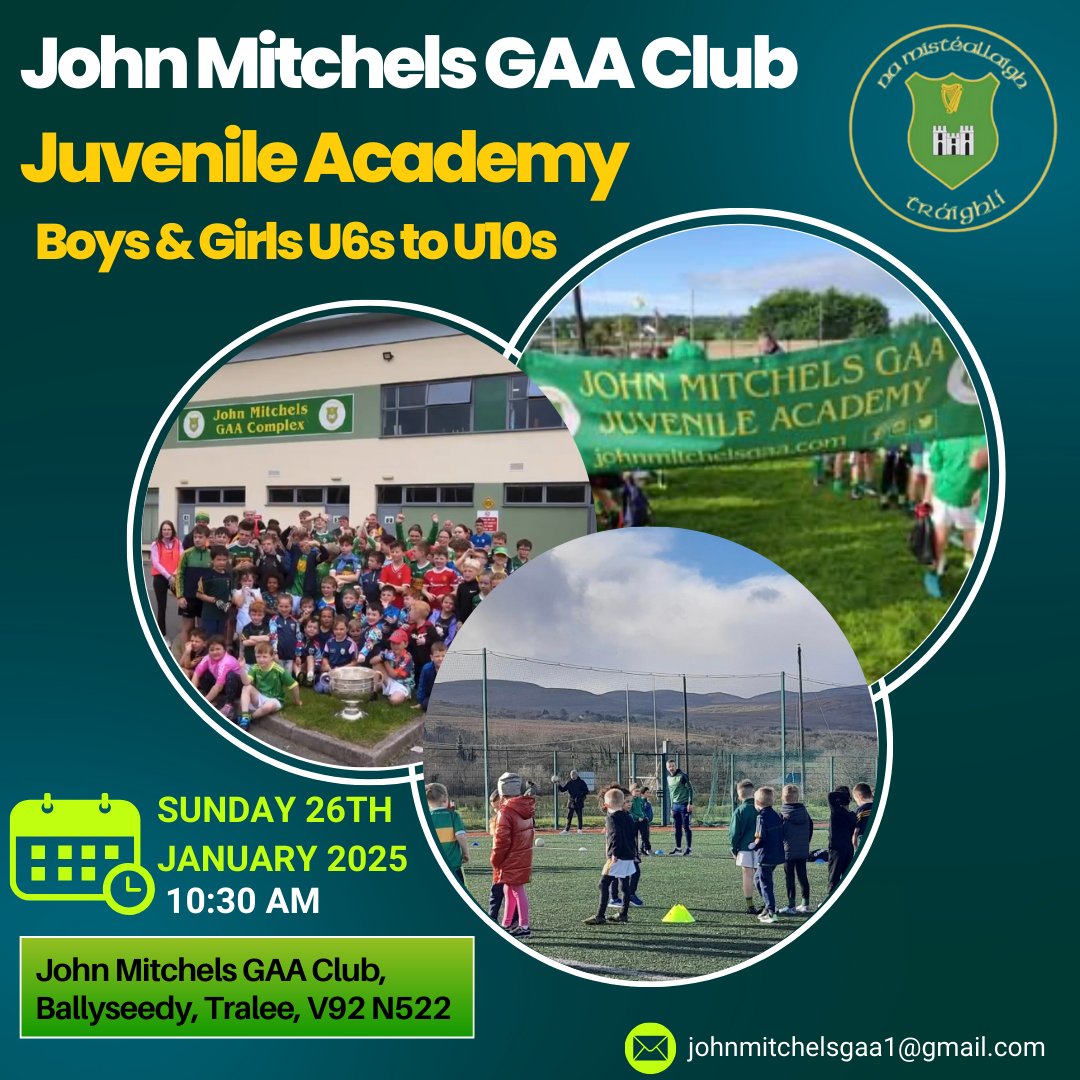 🌟John Mitchels GAA Club Juvenile Academy is Back! 🌟

We’re thrilled to announce the return of our Juvenile Academy on Sunday, 26th January at 10:30 AM! 🏐🎉

📍 Open to Boys and Girls from Under 6s to Under 10s.

📆 Save the date and spread the word!

#JohnMitchelsGAA