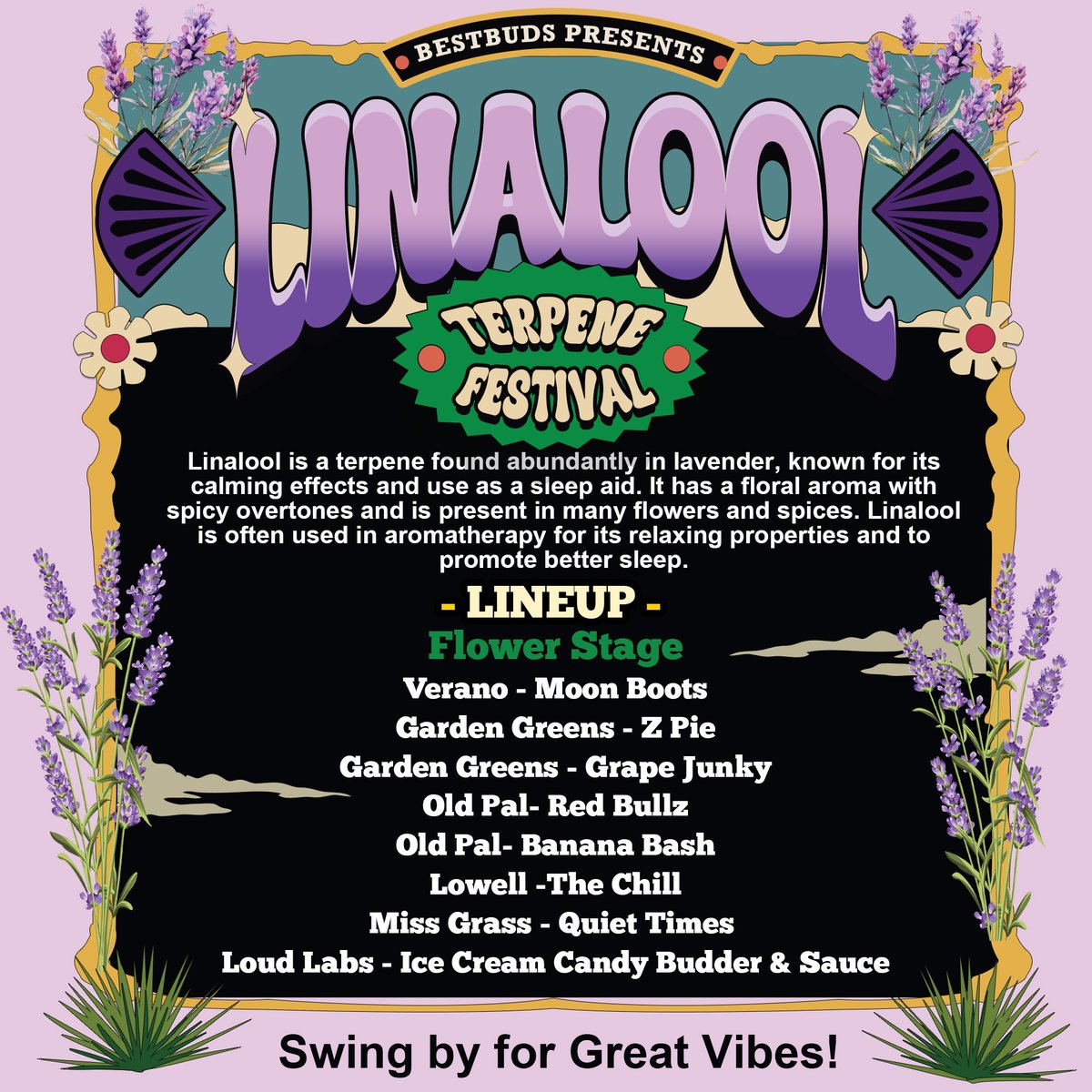 BestBuds_NJ's tweet image. 🌿 Welcome to the Terpene Festival! 🌿 This month’s highlight is Linalool, a calming terpene found in lavender. Known for its sleep-aid properties, it also offers a floral, slightly spicy aroma. 🌸✨ #Linalool  #womenowned #woodburynj #knowledgeispower #bestbuds #terpenes
