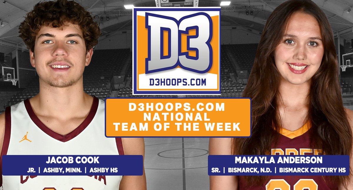 Jacob Cook &amp; Makayla Anderson were named to the <a href="/d3hoops/">D3hoops/Patrick Coleman</a> National Team of the Week. It is only the 2nd time in the 28-year history of the award that a current MIAC school has had a men's &amp; women's player earn the award in the same week.   

𝗗𝗘𝗧𝗔𝗜𝗟𝗦: tinyurl.com/2s3vvdtx