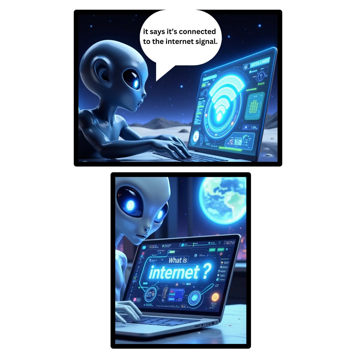 Giveaway winners announcement time! 🎁
After receiving a signal from Earth, Ailien connected to it and realized that it’s an internet signal!
Of course, it is, since it’s the first step to entering the digital world...🌍💻
So for whoever answered the quiz correctly , we were