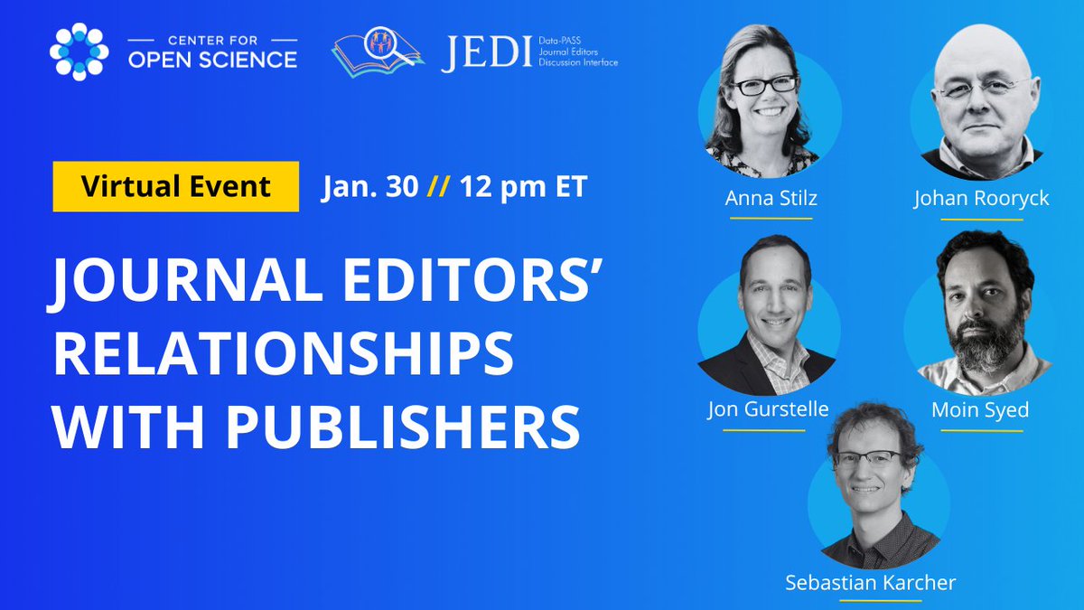 Center for Open Science (@osframework) on Twitter photo Join us and <a href="/DP_JEDI/">Data-PASS JEDI</a> on Jan. 30 for a candid virtual discussion on navigating relationships with publishers. Panelists will explore issues including editorial independence, open access, alternative publication models, and more.
📅 Register here: cos-io.zoom.us/webinar/regist… Join us and <a href="/DP_JEDI/">Data-PASS JEDI</a> on Jan. 30 for a candid virtual discussion on navigating relationships with publishers. Panelists will explore issues including editorial independence, open access, alternative publication models, and more.
📅 Register here: cos-io.zoom.us/webinar/regist…