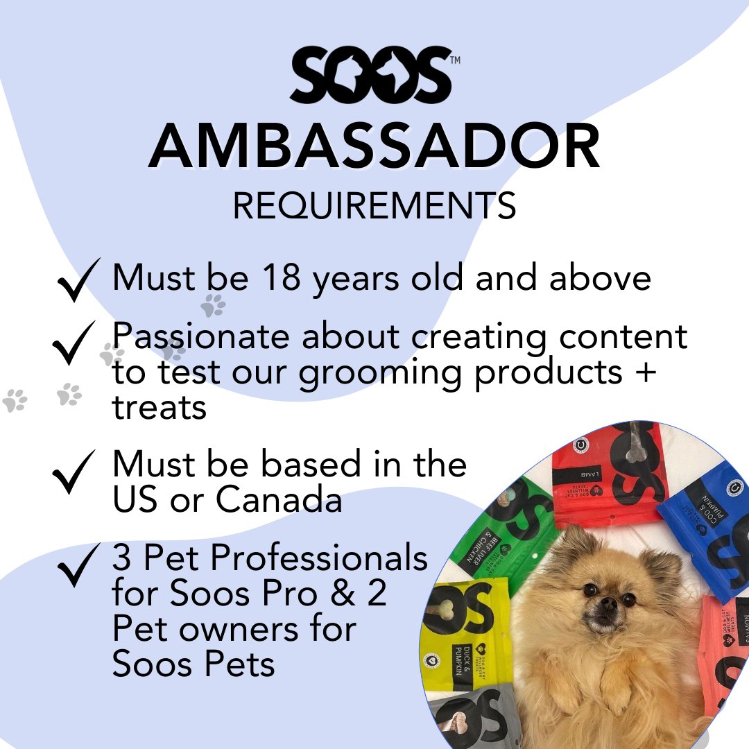 SoosPets's tweet photo. 🚨 We’re Hiring Brand Ambassadors! 🚨

Looking for:
🐾 3 pet professionals (Soos Pro)
🐾 2 pet owners (Soos Pets)
Term: Jan 23 – Apr 24
Apply by: Jan 21
How to Apply:
🐶 Follow us
🐾 Like + RT this tweet
🐕 Tag 3 friends who’d be great https://t.co/s6oIJQfFUt