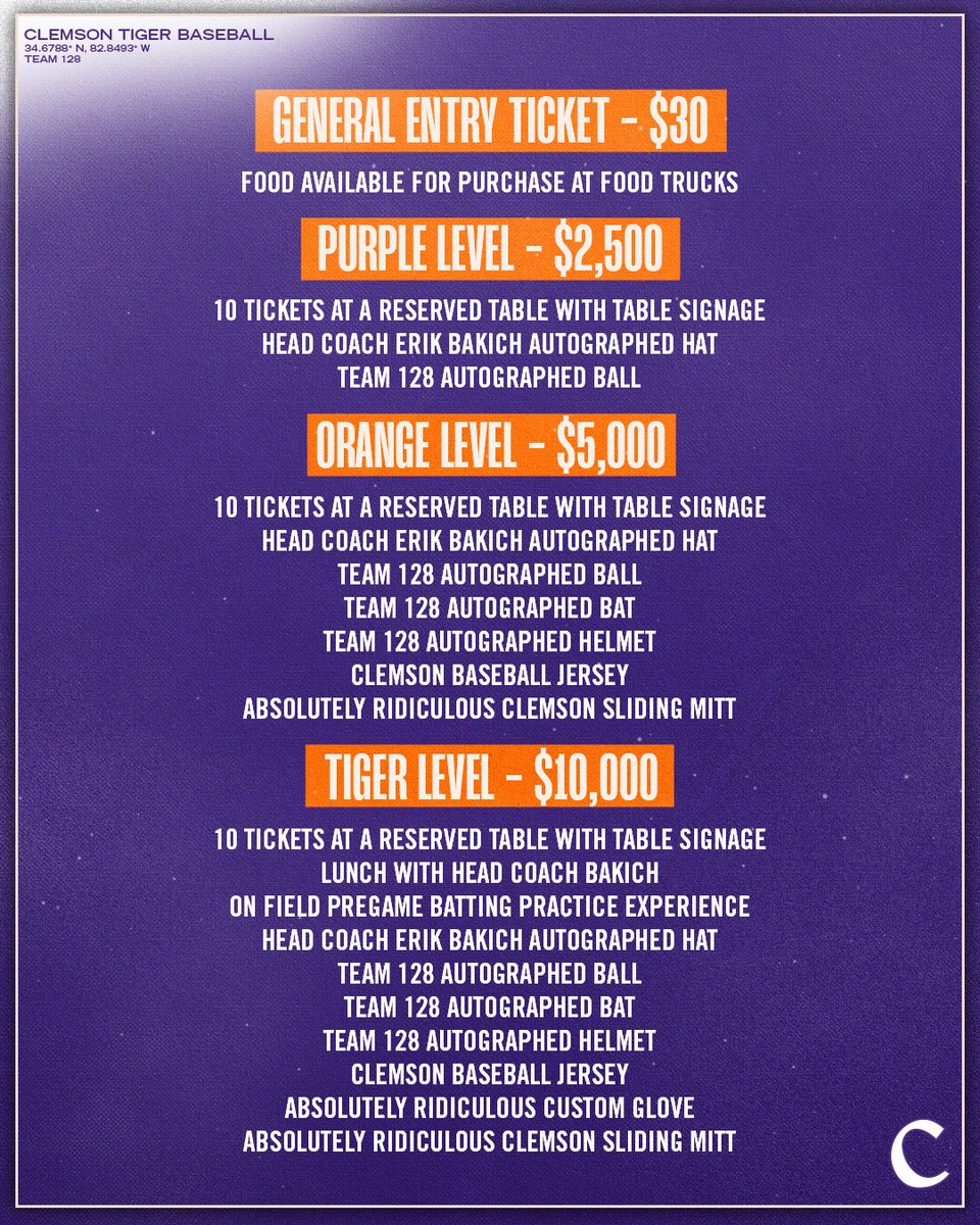 The 2025 #Clemson preseason banquet is set for Feb. 8 at Poe Indoor Practice Facility! A general ticket is $30, while other packages are available. Guests can enjoy games, food trucks &amp; a live band!

DETAILS - bit.ly/3WdD2Iv

TICKETS - bit.ly/40j4vdi