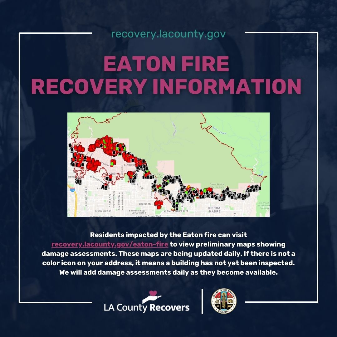 Residents impacted by the #EatonFire can visit recovery.lacounty.gov/eaton-fire to view preliminary maps showing damage assessments. We will add damage assessments daily as they become available. (1/2)