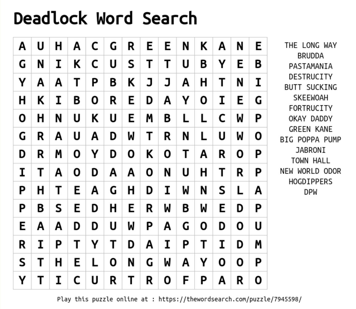 ChynasRipley's tweet image. attention all @deadlockpw hogdippers, i made a word search with deadlock phrases! plz do it it was very fun to make
(i tried to add fuck you val venis but it wouldn’t let me)
