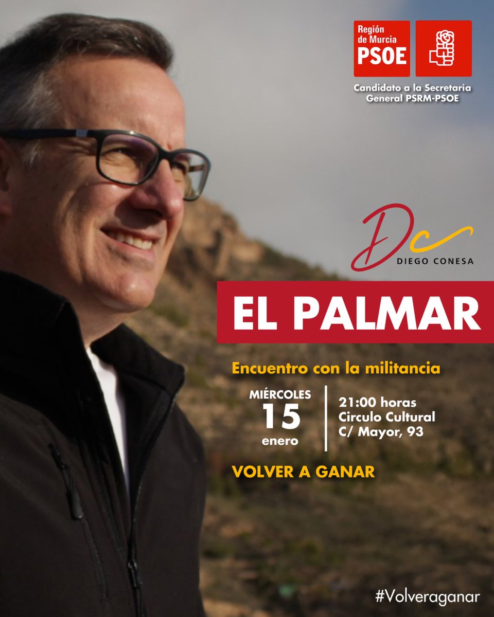 🌹 Mañana nos reuniremos con las agrupaciones de Puente Tocinos y El Palmar para seguir con mi compromiso de visitar todas las agrupaciones que más pueda y compartir el proyecto que os planteo para liderar el PSRM-PSOE.

🤝 ¡Contamos contigo! #VolverAGanar
