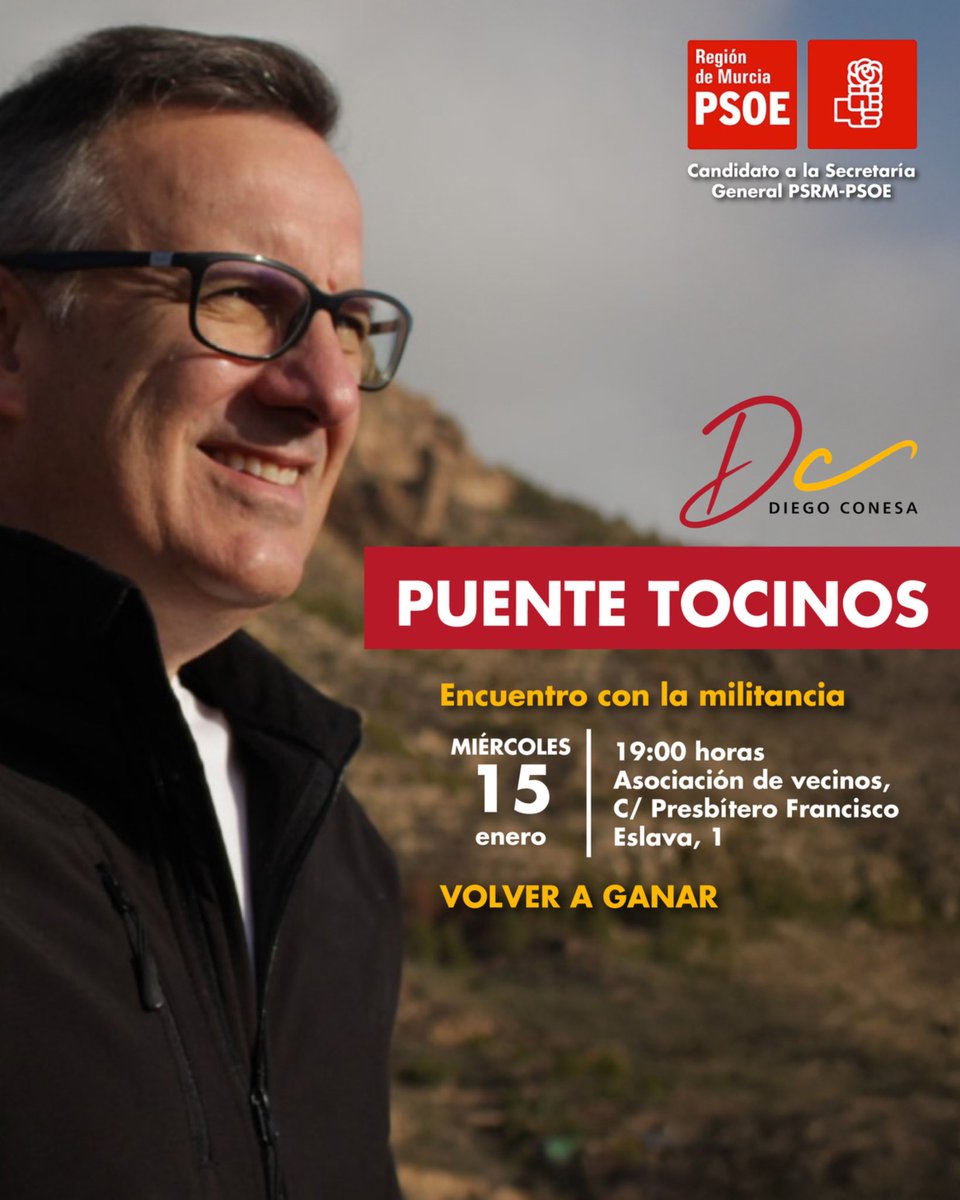 diegoconesa's tweet photo. 🌹 Mañana nos reuniremos con las agrupaciones de Puente Tocinos y El Palmar para seguir con mi compromiso de visitar todas las agrupaciones que más pueda y compartir el proyecto que os planteo para liderar el PSRM-PSOE.

🤝 ¡Contamos contigo! #VolverAGanar https://t.co/ctyaGdF6O9