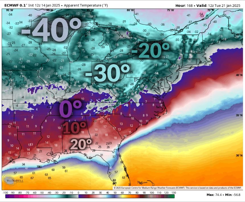 These are raw Euro wind chill values for the morning of January 21st, exactly one week from today. That's still a healthy amount of time into the future, but the Euro has been consistent. There's cold and then there's COLD. This is the latter.