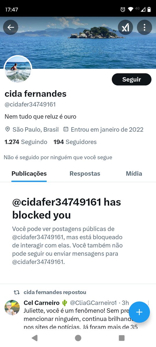 Cidinha também me bloqueou, uma pena, estava adorando rir da cara dela. Passa o dia inteiro cuidando da vida de quem não gosta e depois não quer ser contrariada. Espero que sua família te encontre e te ajude Cida, pq você não tá bem, isso que você sente pode ser doença. Se cuida