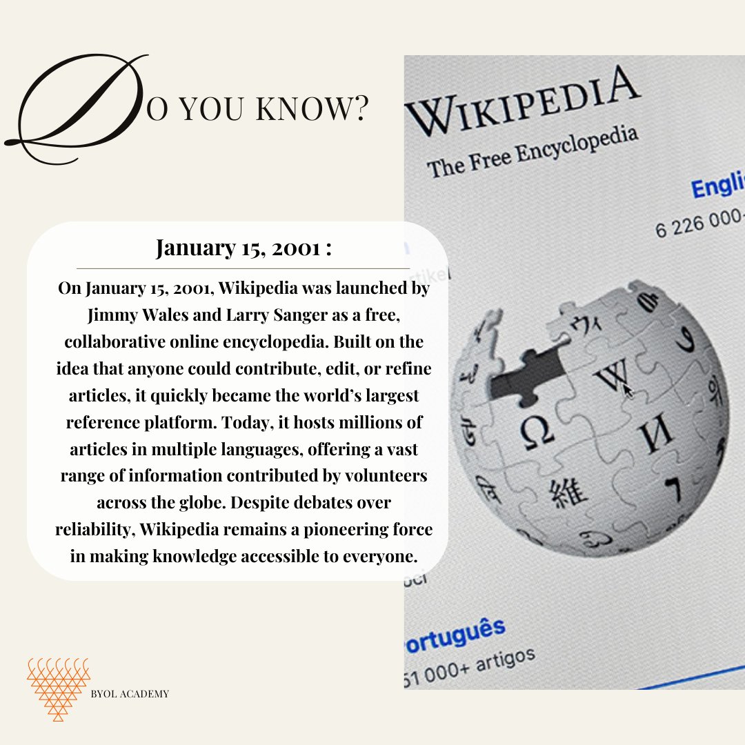 byolacademy's tweet photo. From an idea to the world's knowledge hub... Happy Birthday, Wikipedia! 🌐

#Wikipedia #OnThisDay #OnlineEncyclopedia #OpenSource #GlobalLearning #CollaborativePlatform #Innovation #DigitalAge #InformationRevolution #WikiLife #KnowledgeSharing #doyouknow #history