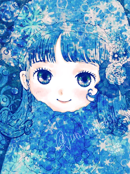 ⋯  『 冬の女の子 』青い絵も好きだなぁ~おはようございます今日も良き日に#カコイラストリメイク 