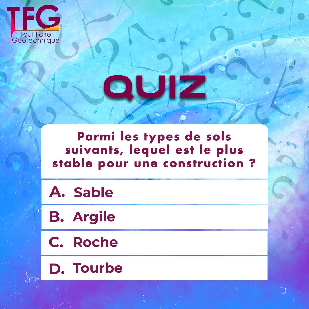📷 Quiz du jour : Testez vos connaissances en géotechnique !
Parmi les types de sols suivants, lequel est le plus stable pour une construction ?
💡 Indice : la stabilité, c'est la clé d'une construction solide !
#Quiz #Géotechnique #ToutFaireGéotechnique #ConstructionSolide