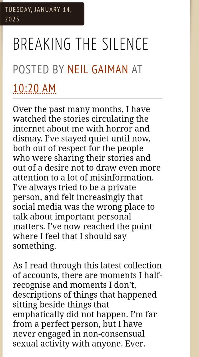 Neil Gaiman has initiated the first stage of DARVO with this ridiculous response. If you didn’t do anything non-consensual then why do numerous women who have never met before, share the same experiences?