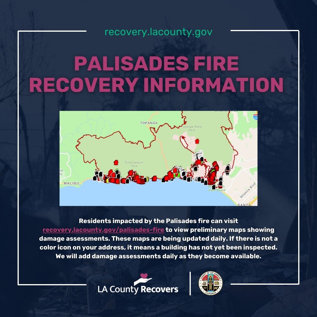 Residents impacted by the Palisades fire can visit recovery.lacounty.gov/palisades-fire to view preliminary maps showing damage assessments. Damage assessments are added daily as they become available. (1/2)