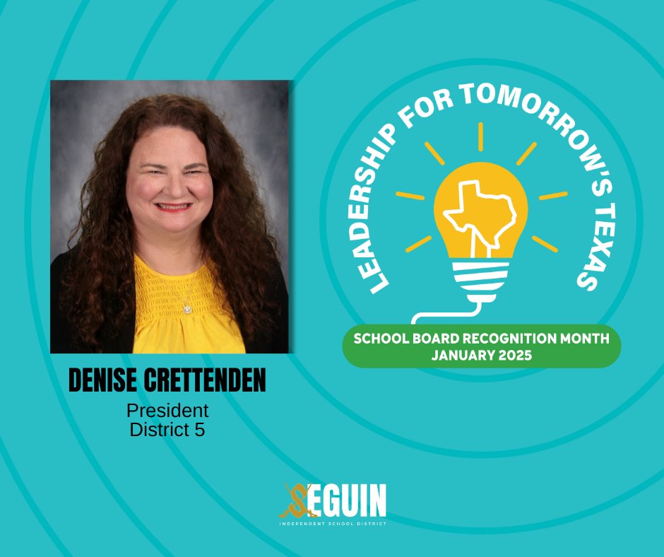 SeguinISD's tweet photo. 🌟 Behind every successful school district are dedicated leaders who make tough decisions. Thank you, Seguin ISD School Board Members, for your service! January is School Board Recognition Month - let's show them our appreciation!

Denise grew up in Seguin, graduated from Seguin High School and then earned Bachelor of Arts degrees in Communication and English from Trinity University in San Antonio and a Master of Arts in Film and Television Studies from Dublin City University in Dublin, Ireland. She and her husband Leigh lived in cities around the world before deciding to make a home in Seguin. They have two daughters who attend Seguin ISD schools. Denise has served the Girl Scouts for 21 years, is the president of the Barnes PTC and president of Seguin PTC, the president of the Seguin High School Drama Mamás and Papas, Vice President of the Seguin Choir Boosters, and has served on various district committees including the Campus Improvement Committee at Weinert, the Bond Advisory Committee, Facilities Committee, and the GT Task Force. In her spare time she coaches two Destination Imagination teams. She enjoys traveling and performing community theatre with her family, and volunteers with her church (Spirit of Joy Lutheran), youth, local history, and the arts whenever she can. Denise works as a producer and script supervisor for film, television and social media.