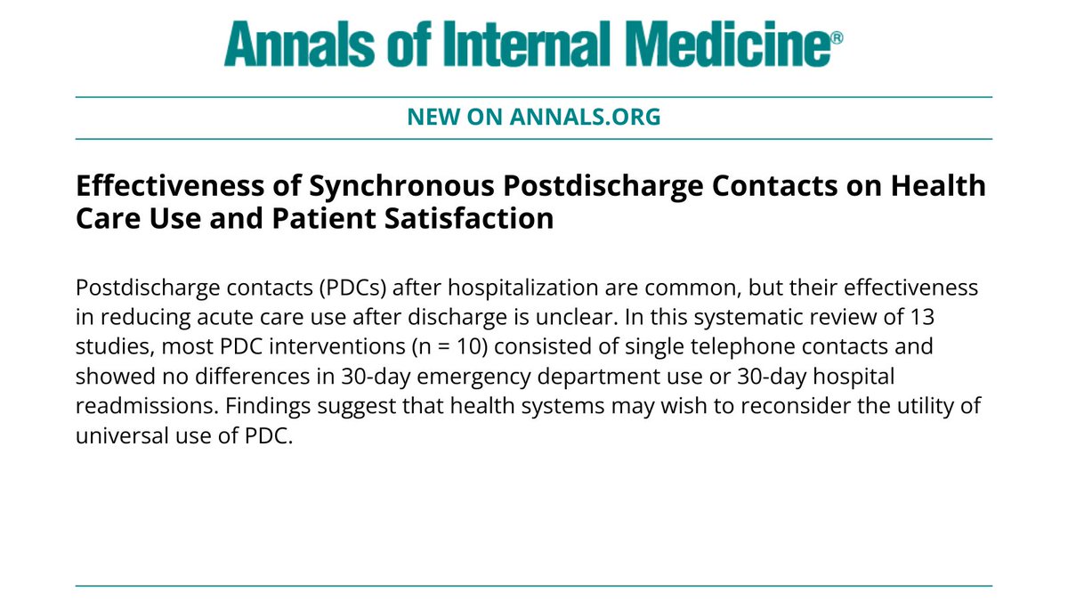 A systematic review of randomized and nonrandomized trials found that post discharge contacts 7 days after hospitalization did not reduce emergency department use or readmissions compared to usual care. According to the study authors, these findings suggest that health systems