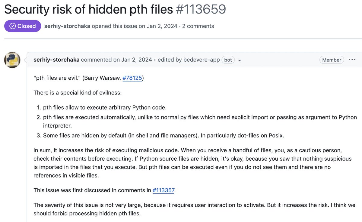 New blog post: Analysis of Python's .pth files as a persistence mechanism
dfir.ch/posts/publish_…

I dig into Pythons Path Configuration Files (.pth) and how an attacker can (mis-)use them for a sneaky persistence mechanism.