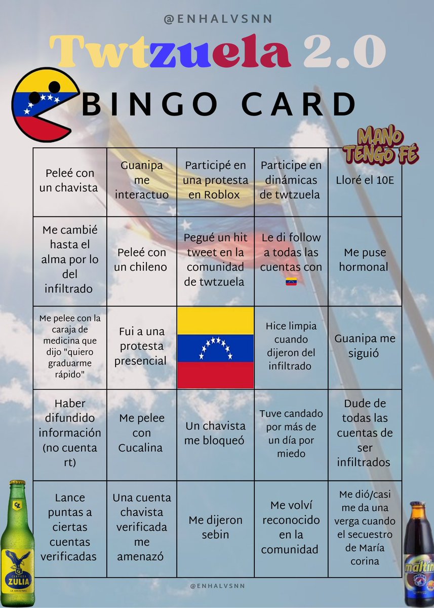 enhalvsnn's tweet photo. 🀞“BINGO #Twtzuela 2.0 edition”🀞

ᝰ.ᐟ𝙍𝙪𝙡𝙚𝙨
╰┈➤Haber hecho/estado en los ítems para poder tacharlo.
╰┈➤Ganas con una línea vertical, horizontal o diagonal.
╰┈➤Sean honestos y no hagan trampa para ganar.
╰┈➤Cita con tu resultado.

ᝰ¡Suerte! - Da rt. https://t.co/DjH4eWIAGz