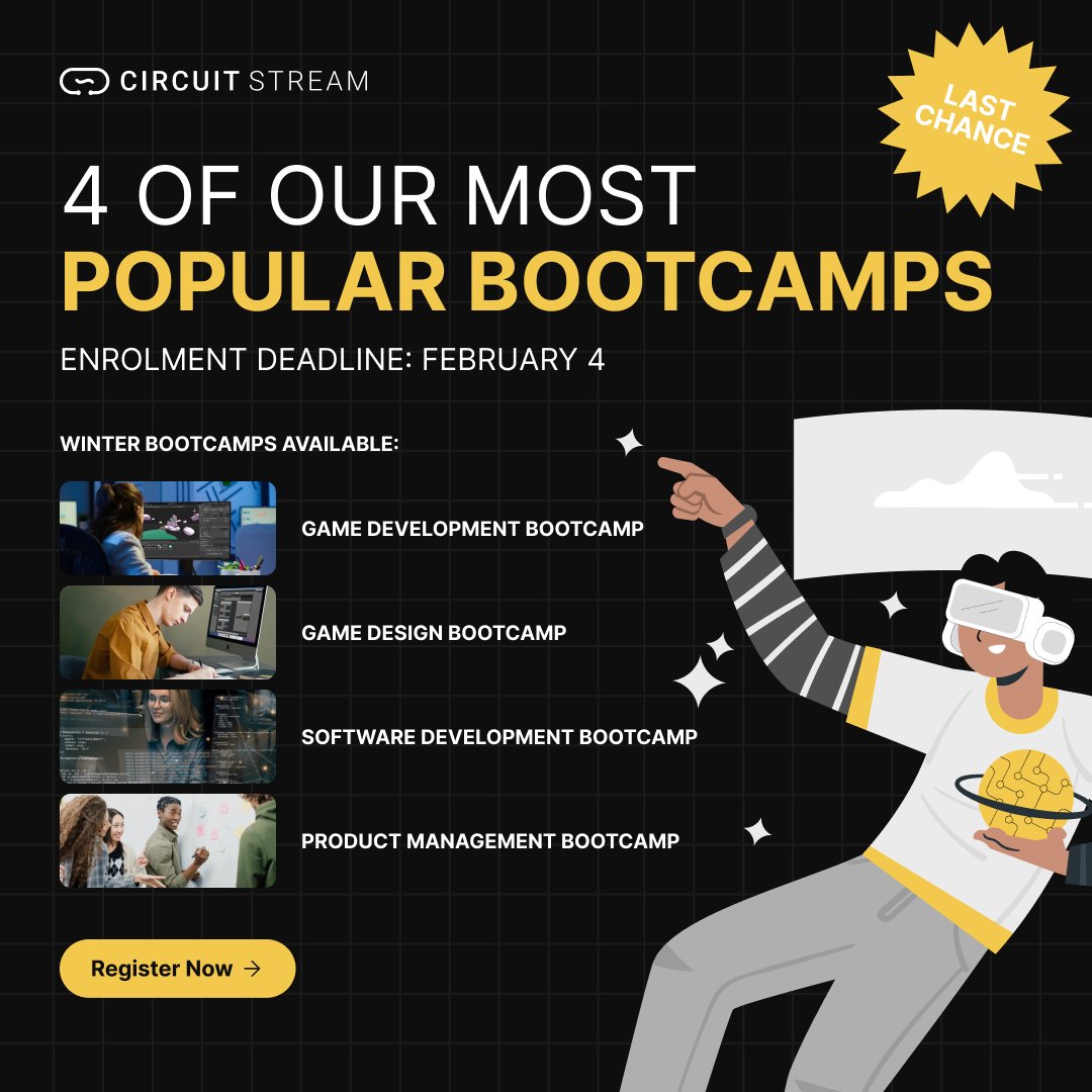 CircuitStream's tweet photo. The countdown is on— the enrolment deadline for 4 of our most popular bootcamps is February 4th! Seats are filling fast, so secure yours today - https://t.co/zhstNSVVW5 

#Bootcamp #Career #GameDevelopment #GameDesign #SoftwareDevelopment #ProductManagement #CircuitStream https://t.co/8nu10oN2p0