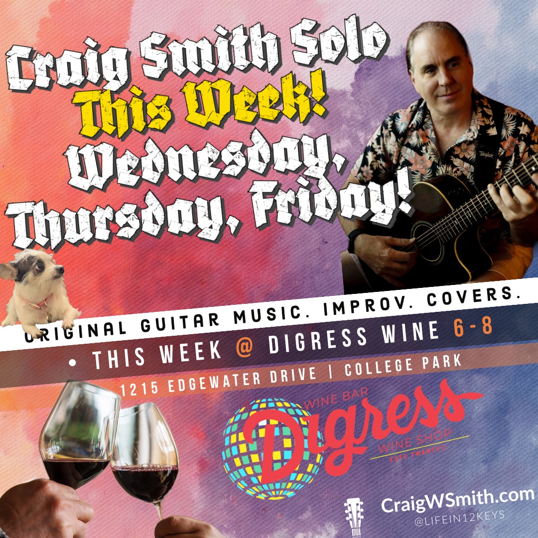 Lifein12K's tweet photo. This week I'll be @digresswine Wednesday, Thursday, and… FRIDAY! 6-8+ All the #Wine #hugs and #arpeggios you can handle. Debuting a new original piece and some other stuff too. 🔥🤘❤️ https://t.co/SXgzLogQBL
