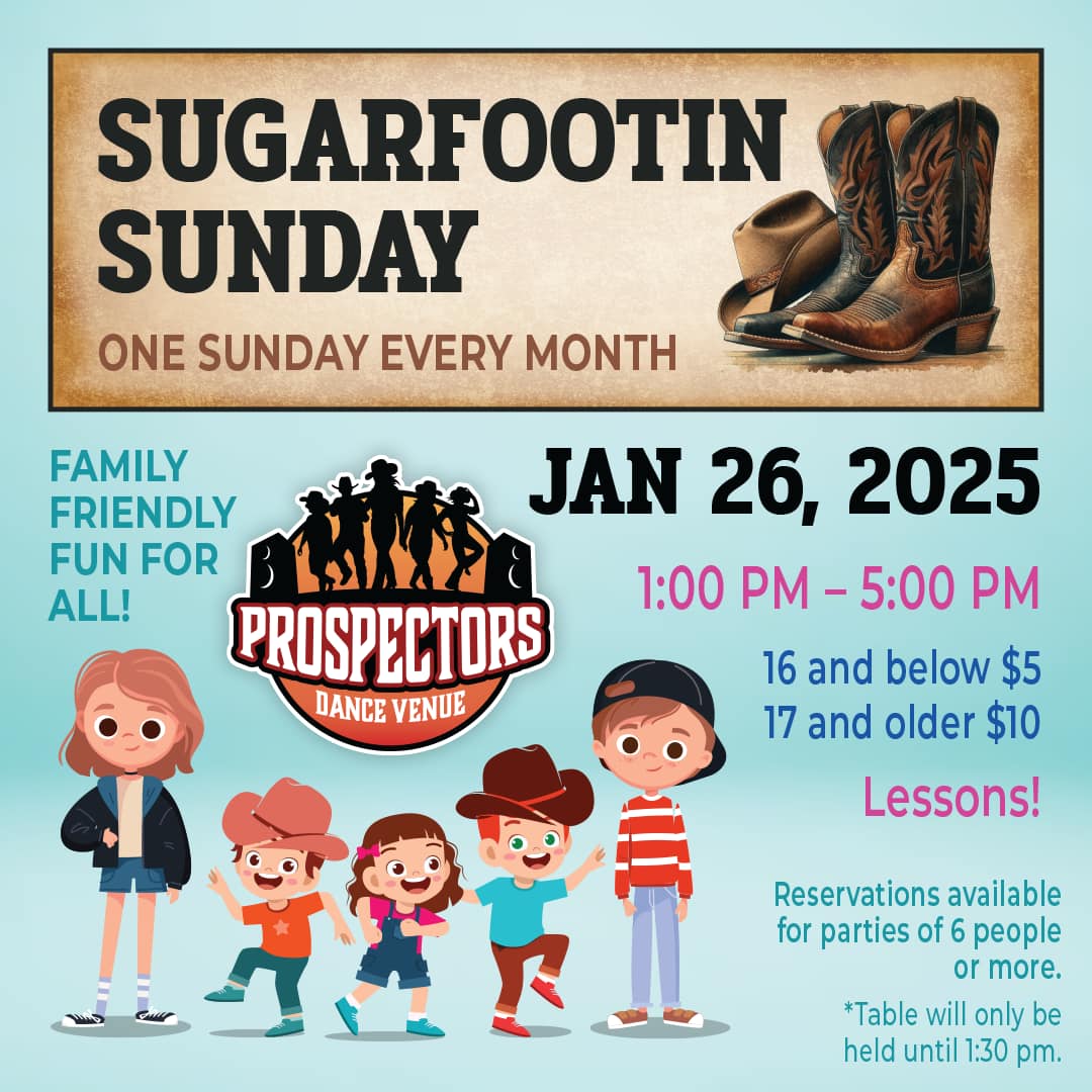 Upcoming Events
● Jan 18 Shot of Southern #Band Doors open 7pm! Tix $12 advance &amp; $15 door Reserve 856-235-1121

● Jan 25 Line Dance Workshop 1pm-5pm
(4) intermediate classic floor fillers. Sign Up: bit.ly/ProspectorsLin…

● Jan 26 Sugar Footin 1pm-5pm!
Reserve 856-235-1121